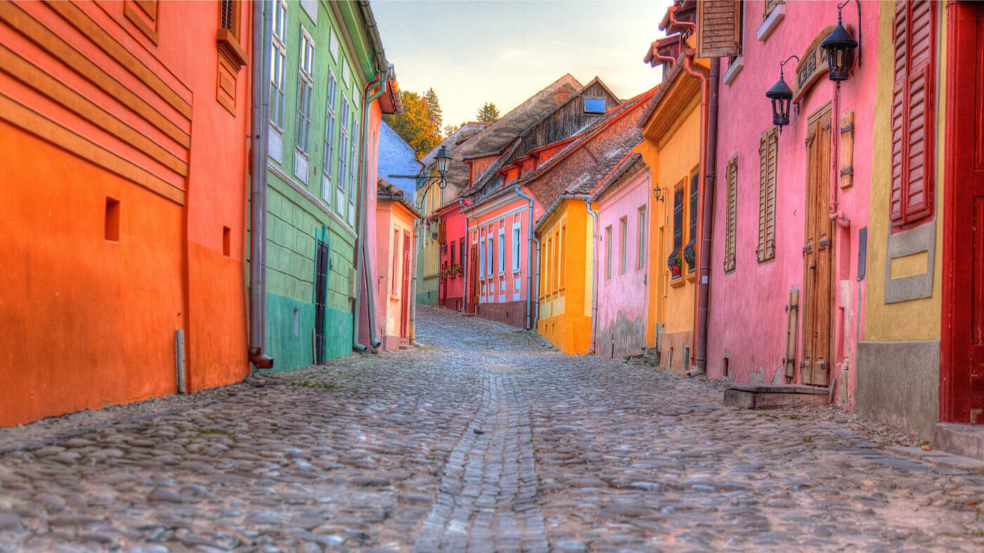 Colored medieval houses in Sighisoara Transylvania Romania