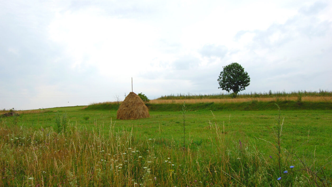 Landscape of Transylvania Romania hay stack on green field 