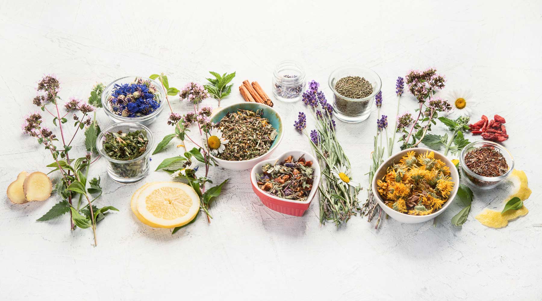 Dried herbs flowers and leaves for herbal tea rose peppermint thyme marigold lavender chamomile oregano