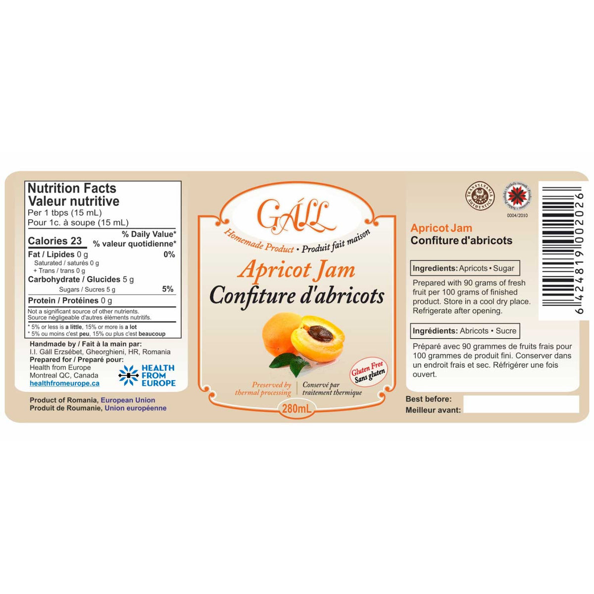 Artisanal Apricot Jam label Health from Europe