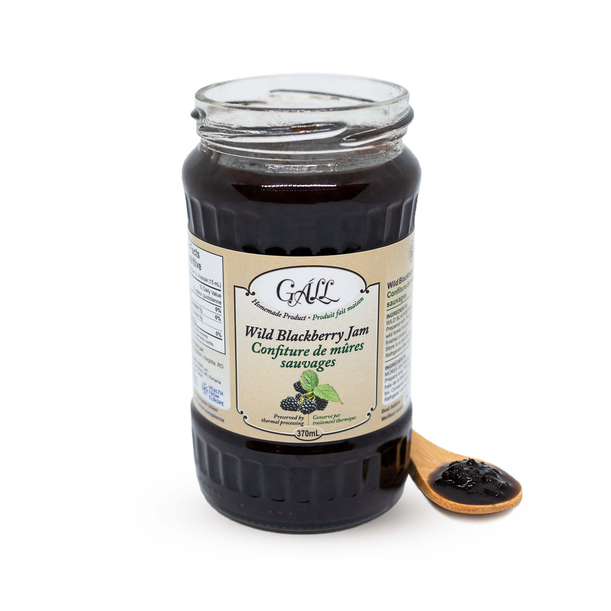 Artisanal Wild Blackberry Jam open jar spoon Health from Europe