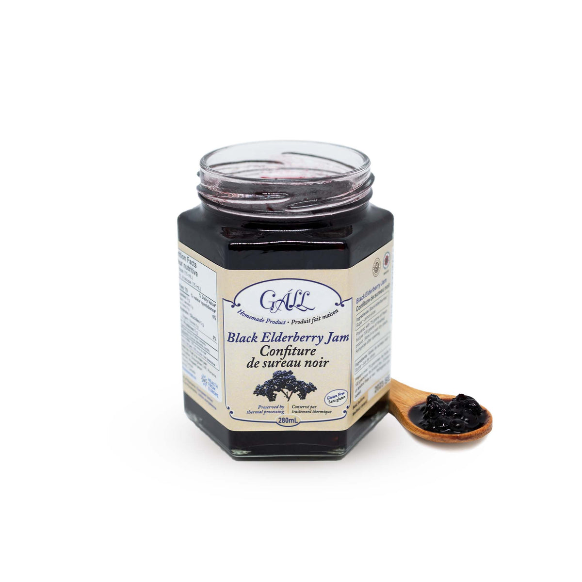 Artisanal Wild Elderberry Jam open jar spoon Health from Europe