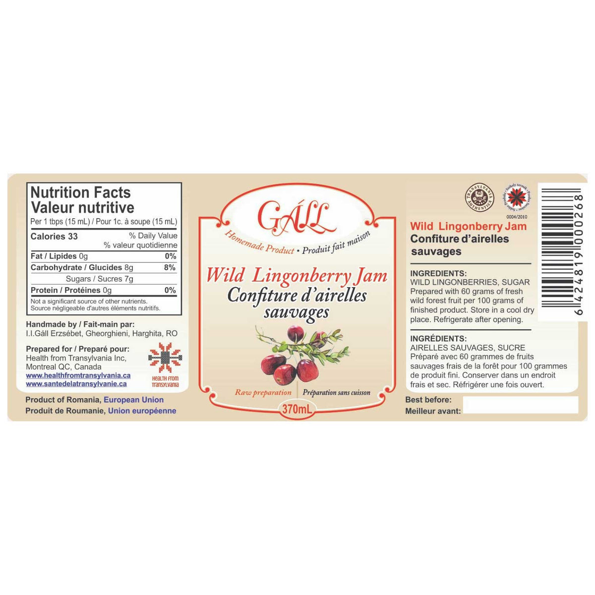 Artisanal Wild Lingonberry Jam label Health from Europe