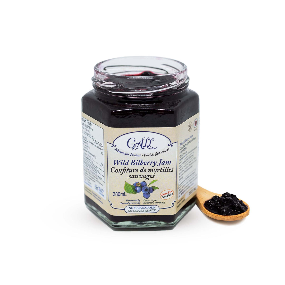 Artisanal No Sugar Added Wild Bilberry Jam open jar spoon Health from Europe