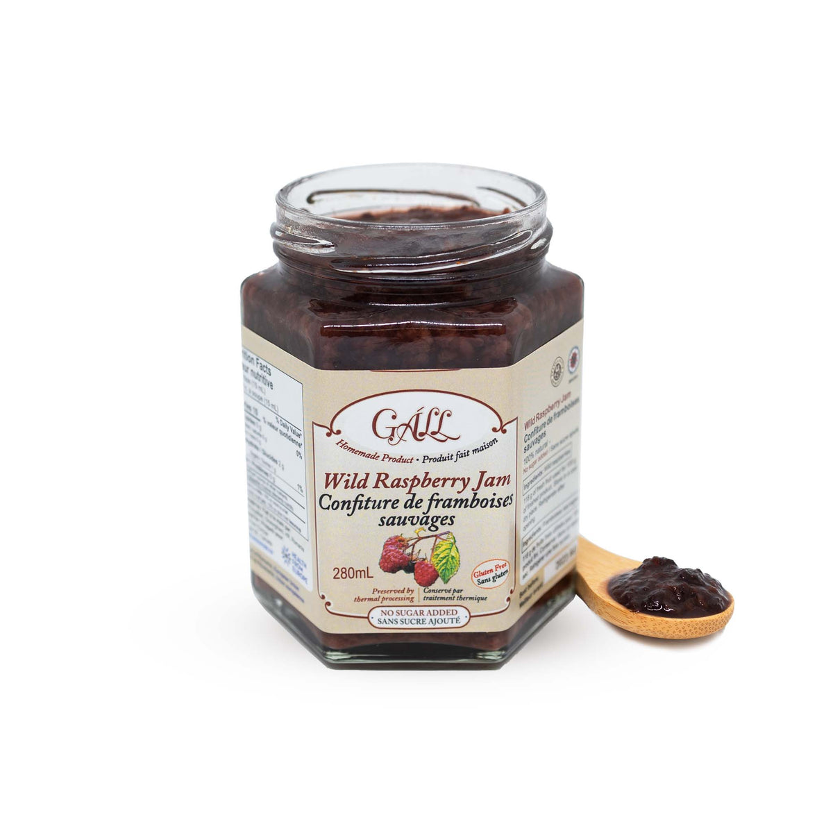 Artisanal No Sugar Added Wild Raspberry Jam open jar spoon Health from Europe