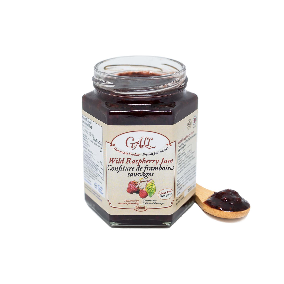 Artisanal Wild Raspberry Jam open jar spoon Health from Europe