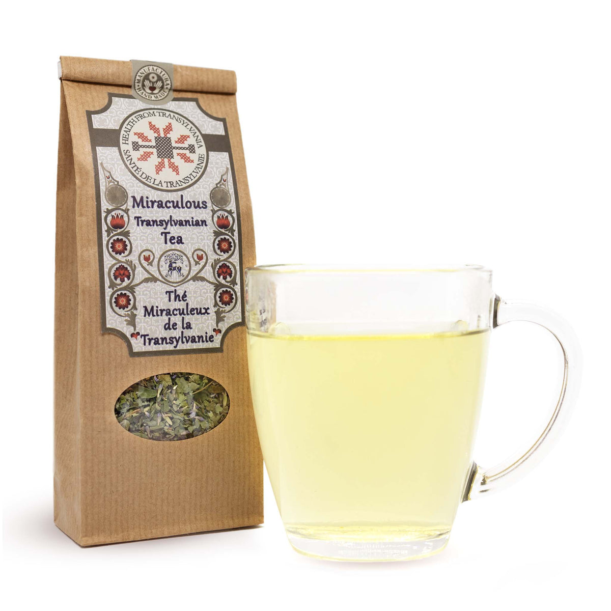 Health from Europe Organic Miraculous herbal tea packet glass cup